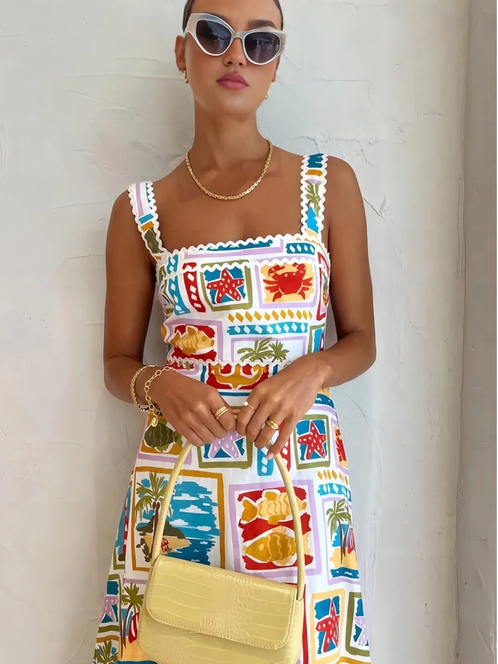 Commense White Maxi Dress with Multicolor Nautical Block Print Panels - Picture 2 of 5